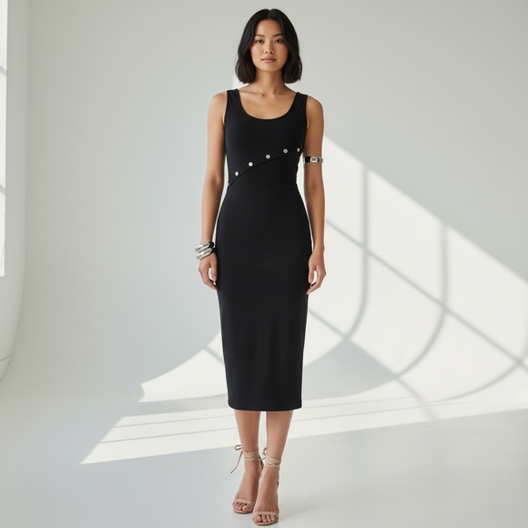 White House Black Market Black Stretch Midi Dress with Metal Button Detail – M - Picture 2 of 6